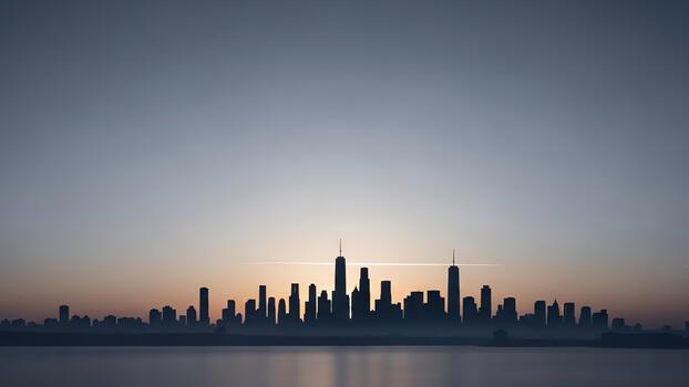 Urban skyline silhouette at dusk with soft horizon colours and open pathways